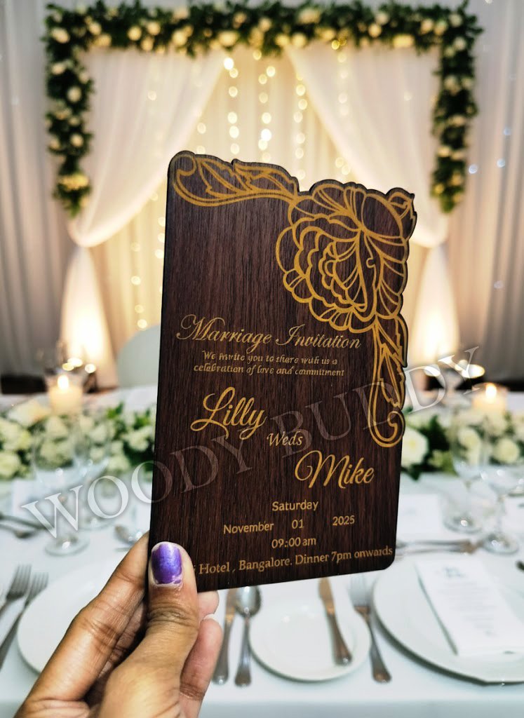 image 10 Floral Designer Wooden Wedding Invitation Card with corner flower artwork