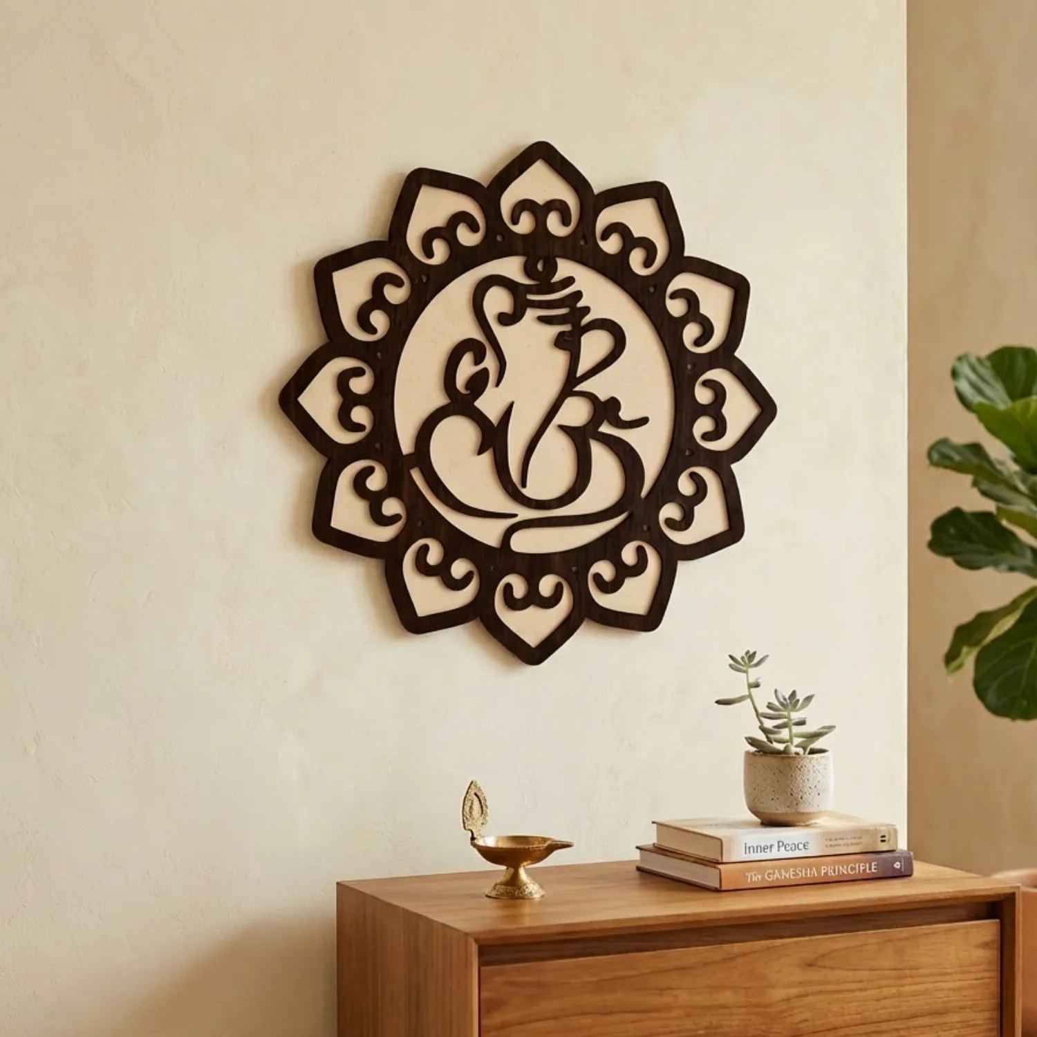 Woody Buddy Ganesha Wall Art with Floral Mandala