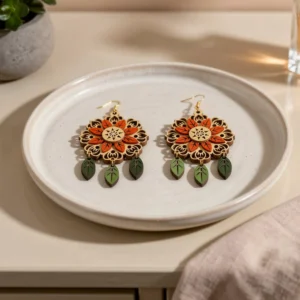 Wooden Floral Mandala Earrings for Women
