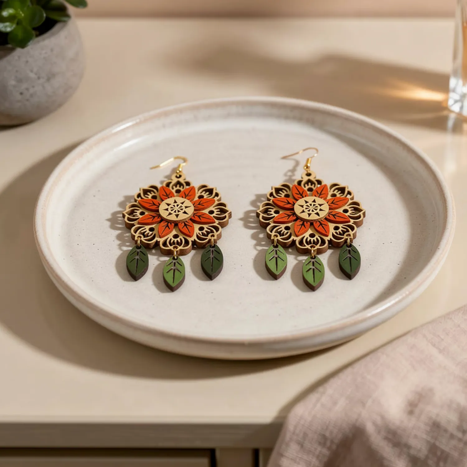Wooden Floral Mandala Earrings for Women Wooden Floral Mandala Earrings for Women