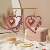 Wooden Heart Floral Earrings for Women