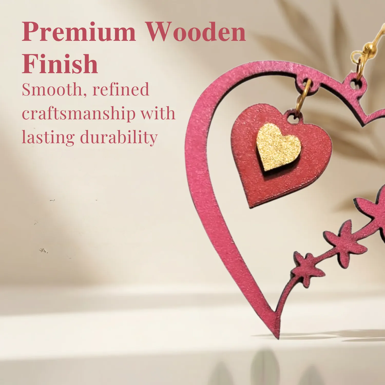 Wooden Heart Floral Earrings for Women