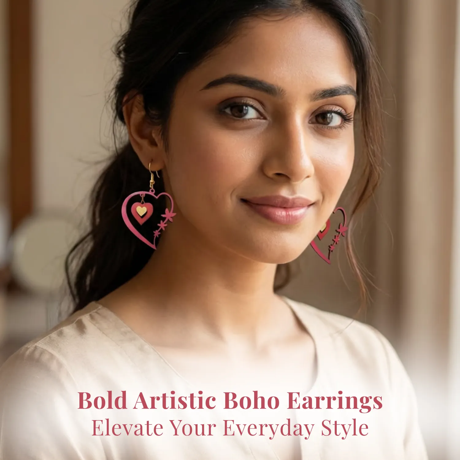 Wooden Heart Floral Earrings for Women
