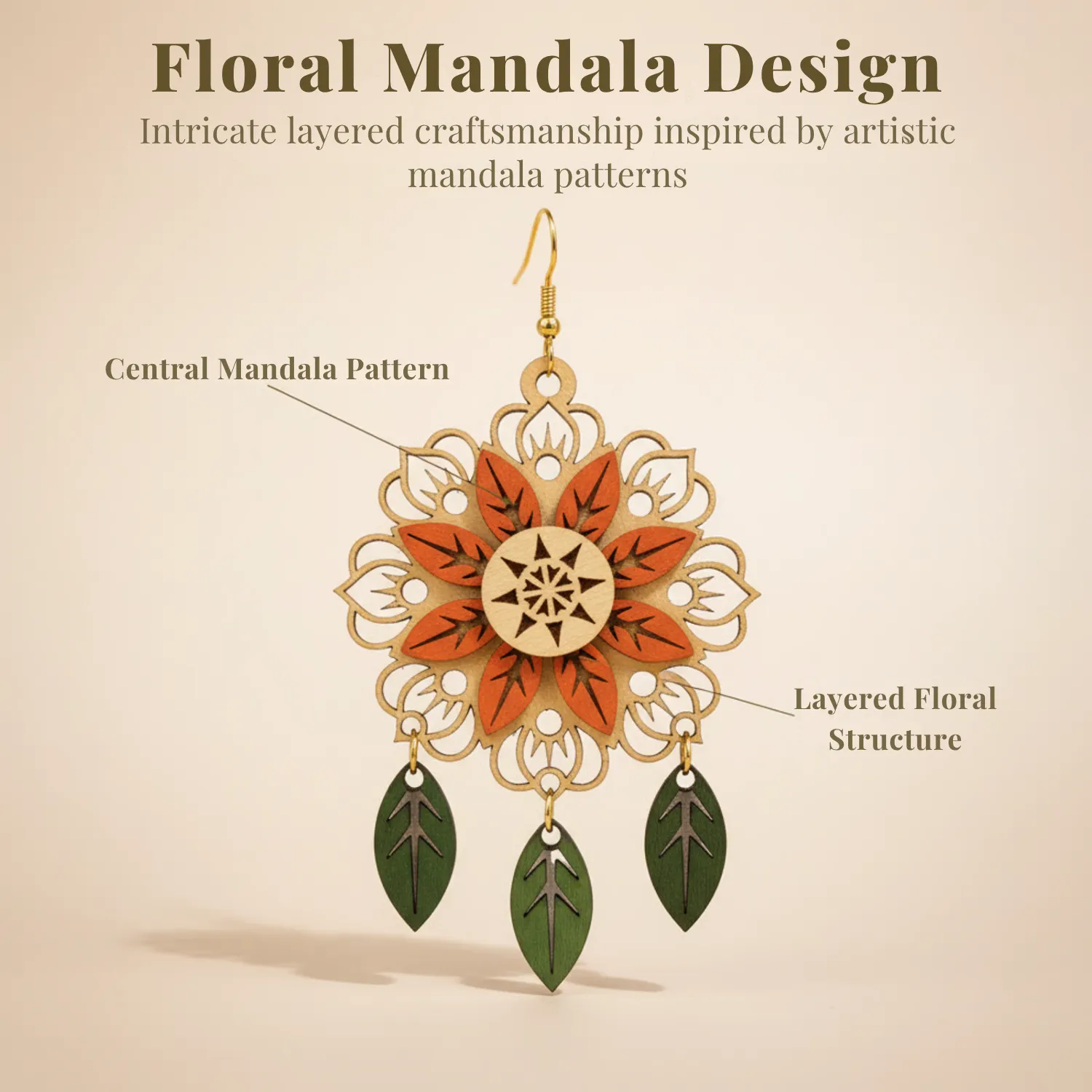Wooden Floral Mandala Earrings for Women