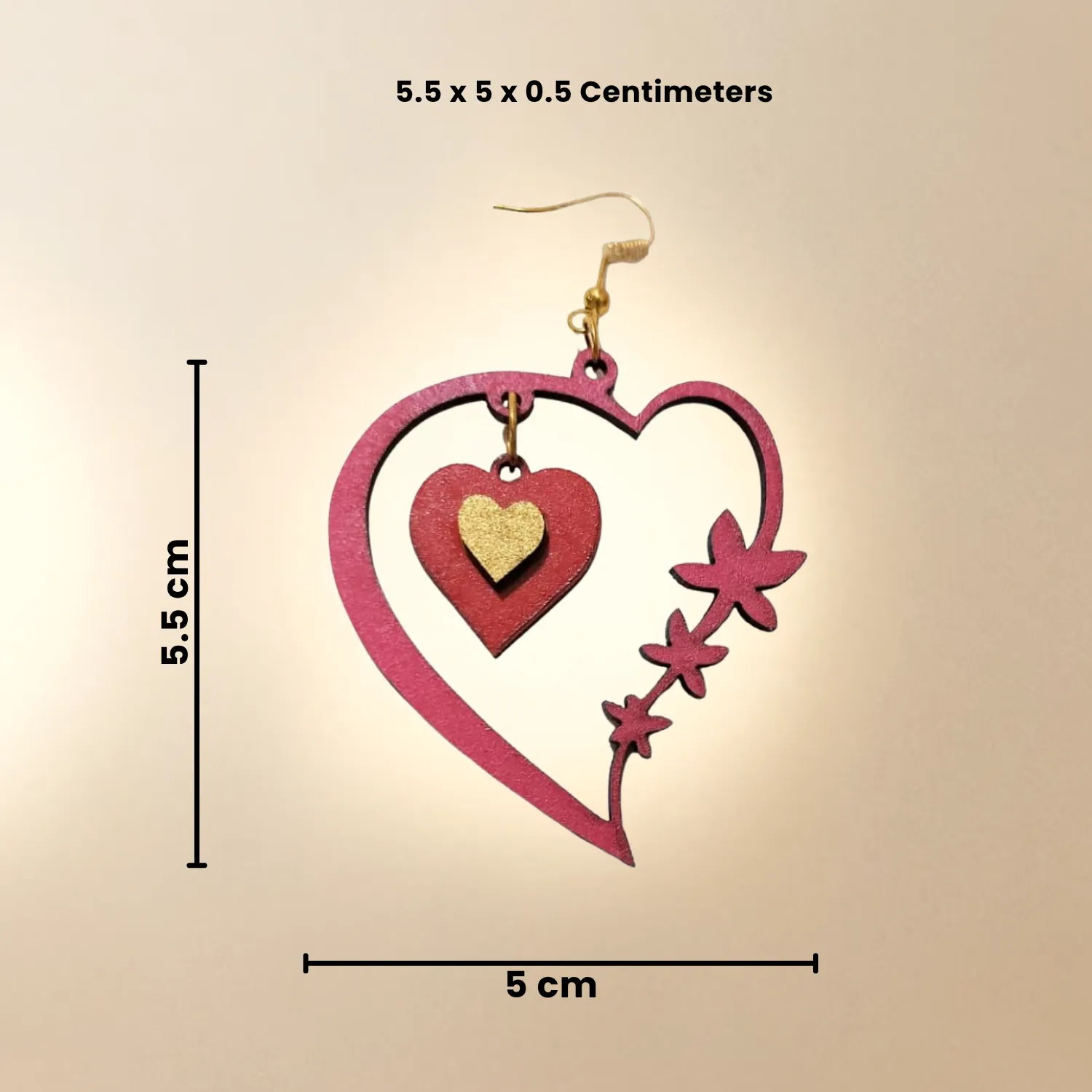 Wooden Heart Floral Earrings for Women