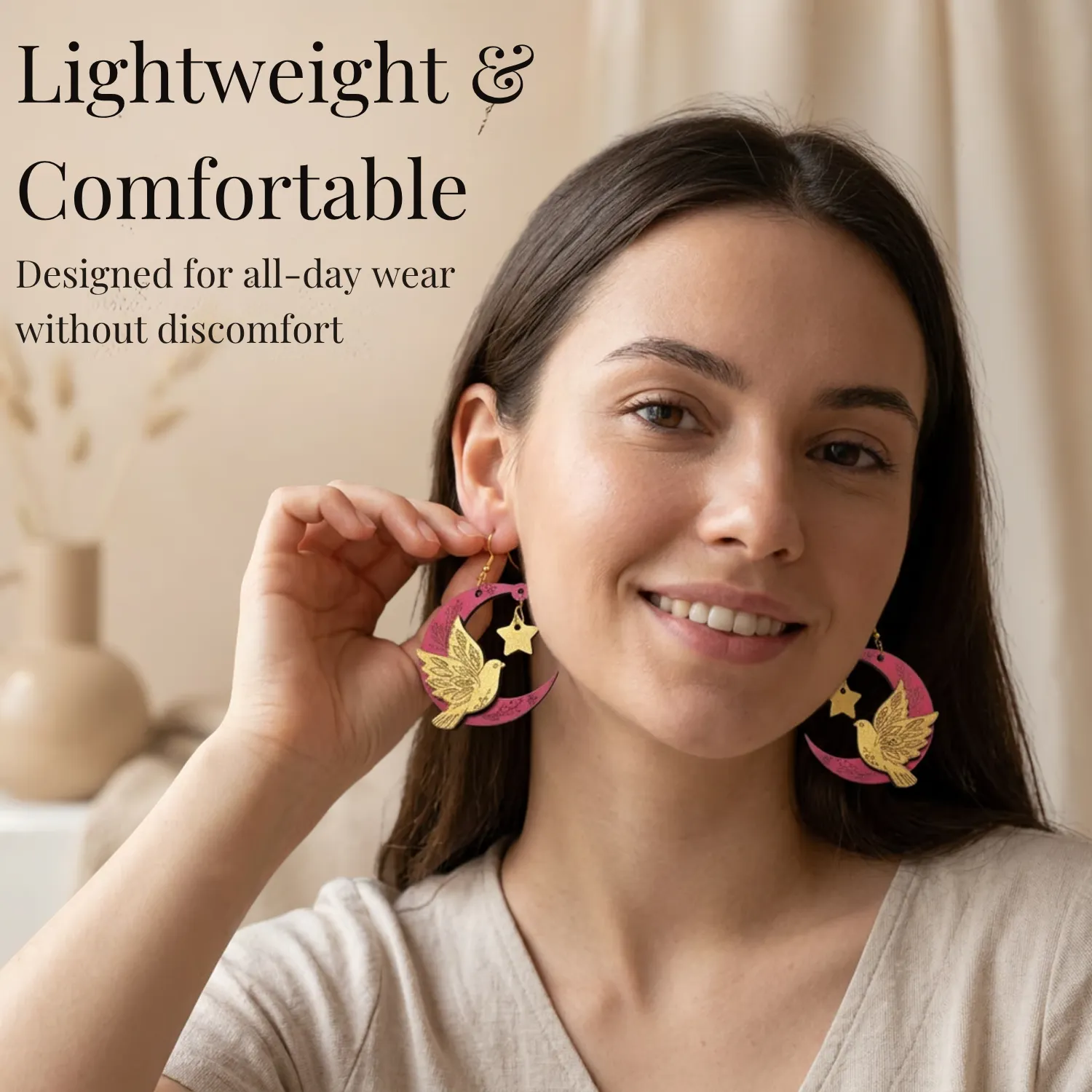 Wooden Moon Dove Earrings for Women