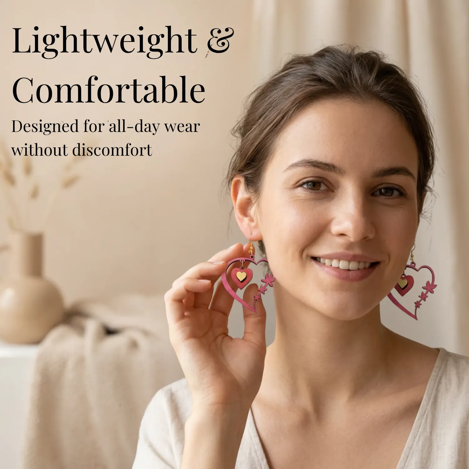 Wooden Heart Floral Earrings for Women