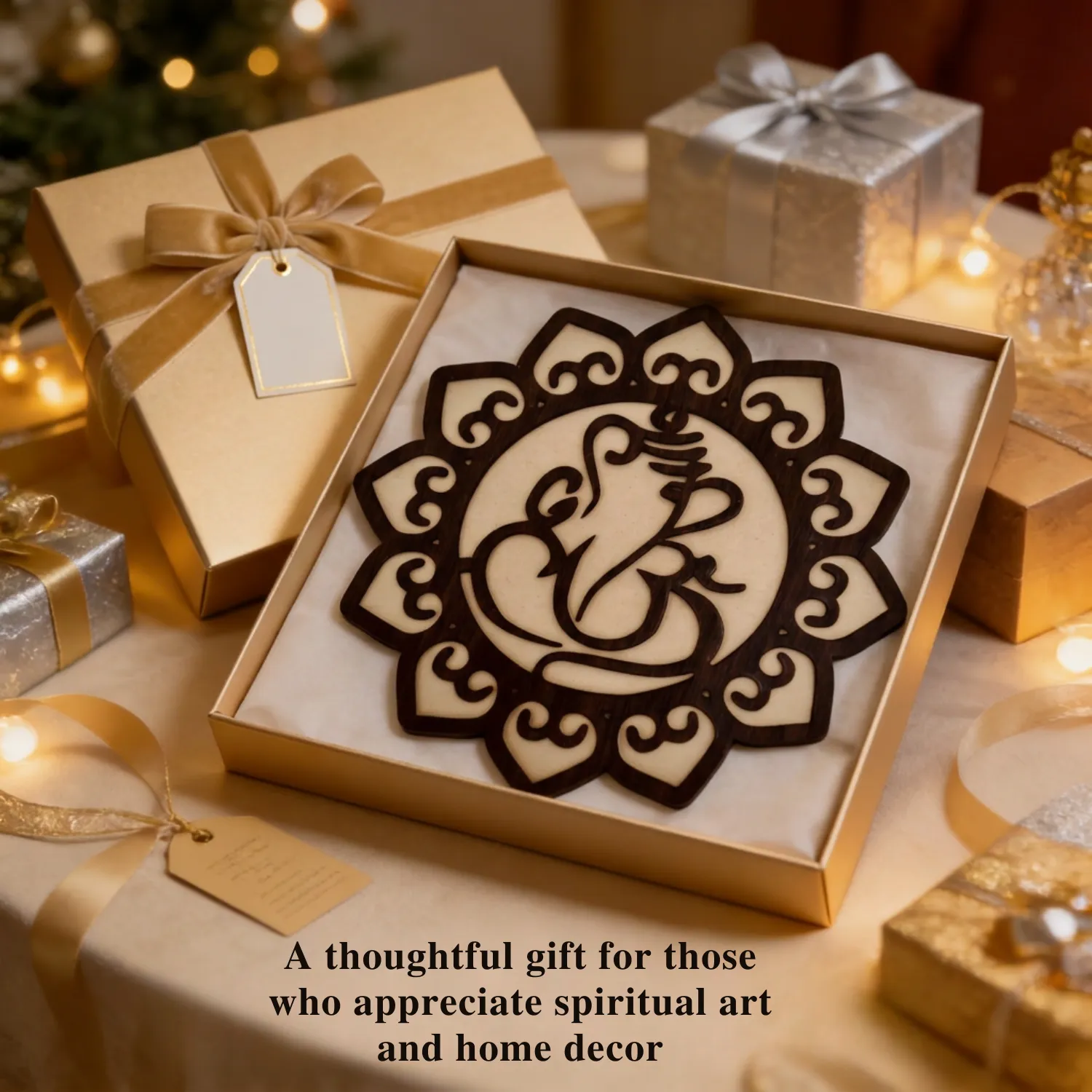 Woody Buddy Ganesha Wall Art with Floral Mandala