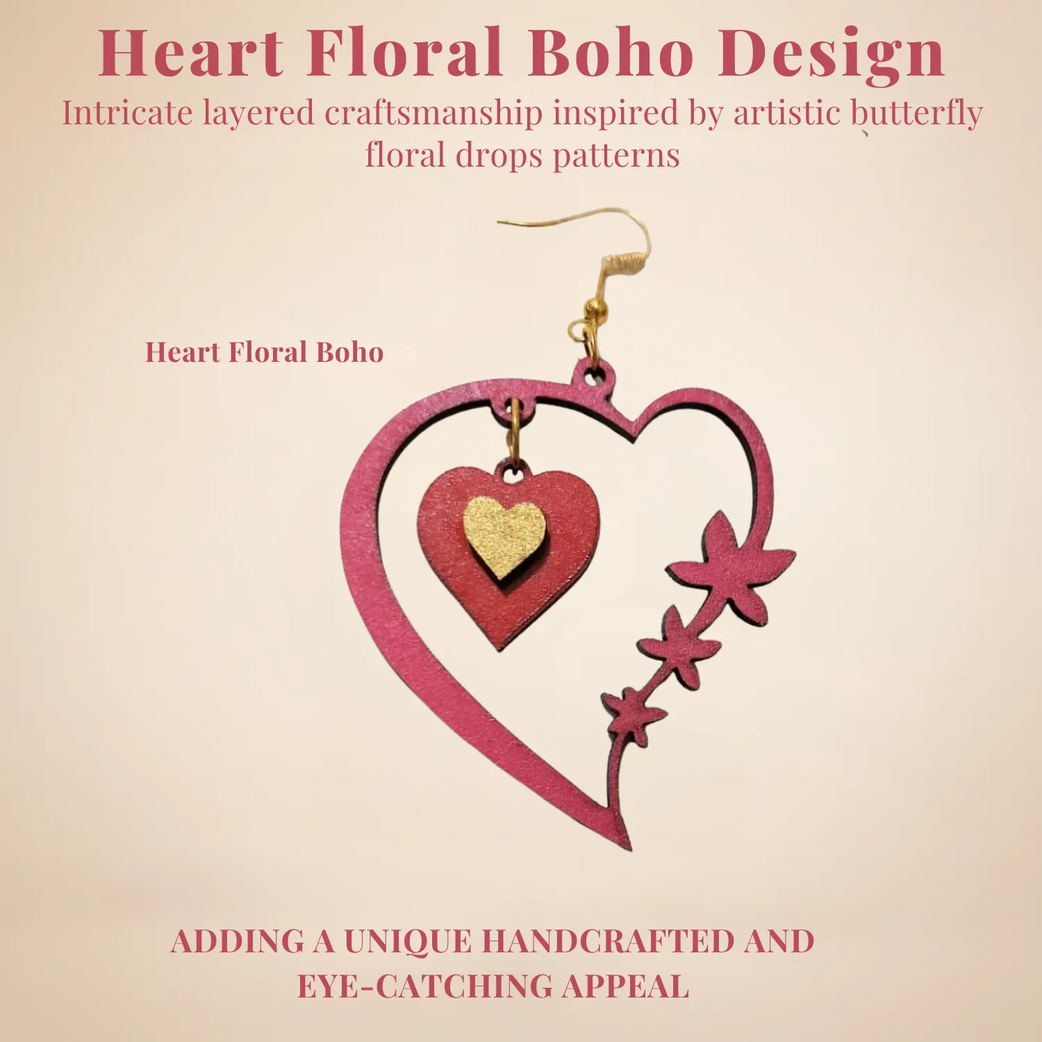 Wooden Heart Floral Earrings for Women