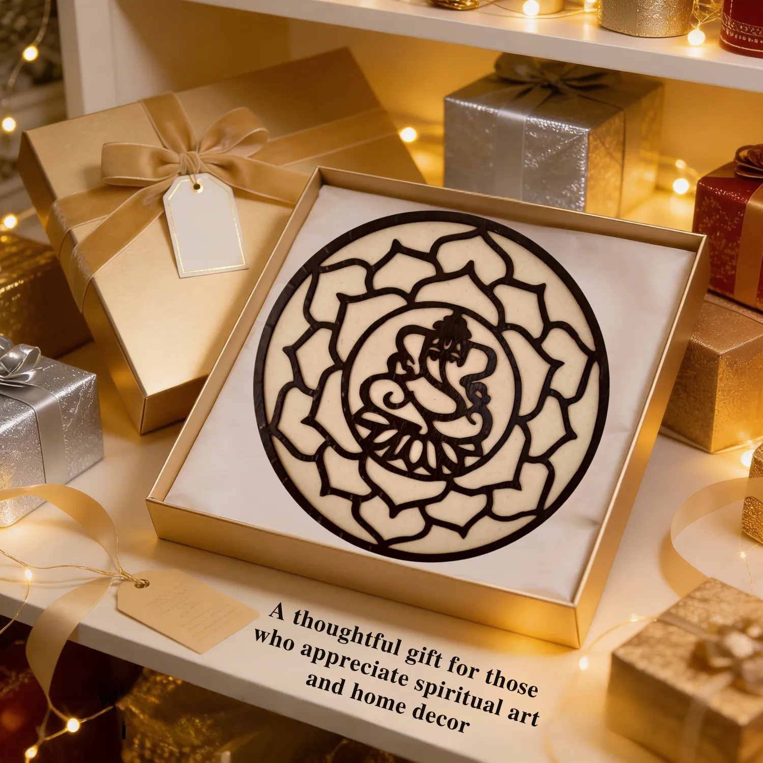 Woody Buddy Ganesha Wall Art with Lotus Mandala