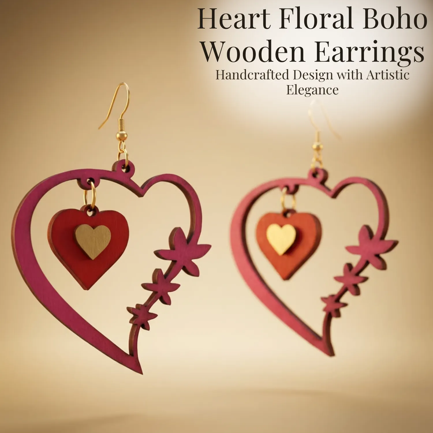 Wooden Heart Floral Earrings for Women