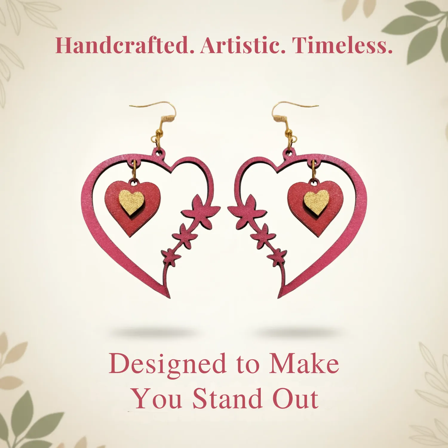 Wooden Heart Floral Earrings for Women